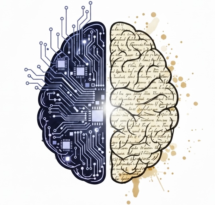 AI for English Majors — a split brain illustration with circuitry on one side and handwritten text on the other
