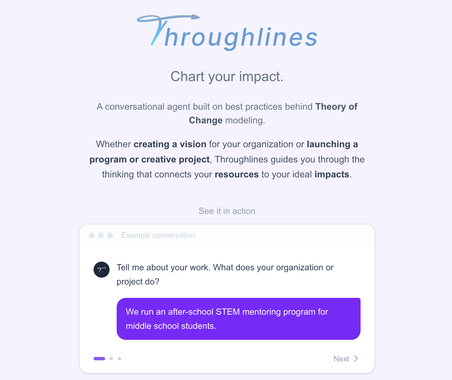 Throughlines — a conversational AI tool for building Theories of Change, showing a guided conversation interface