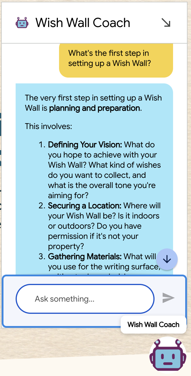 The Wish Wall Coach chat window popped out, walking a host through setting up a Wish Wall
